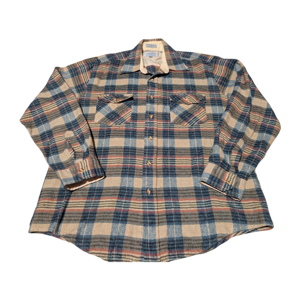Bull Run Shacket Mens L Tan Blue Plaid Rugged Wear Brushed Acrylic Flannel Style